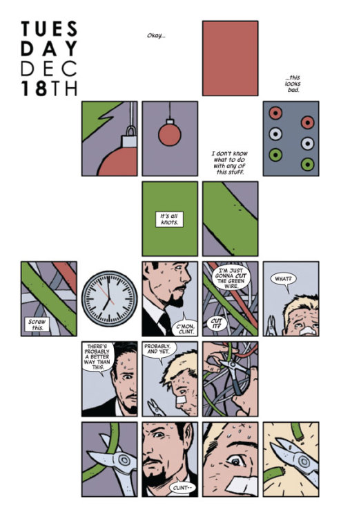 kierongillen: mattfractionblog:  HAWKEYE #6 (OCT120621) Our HOLIDAY ISSUE. Cue up the Darlene Love, 