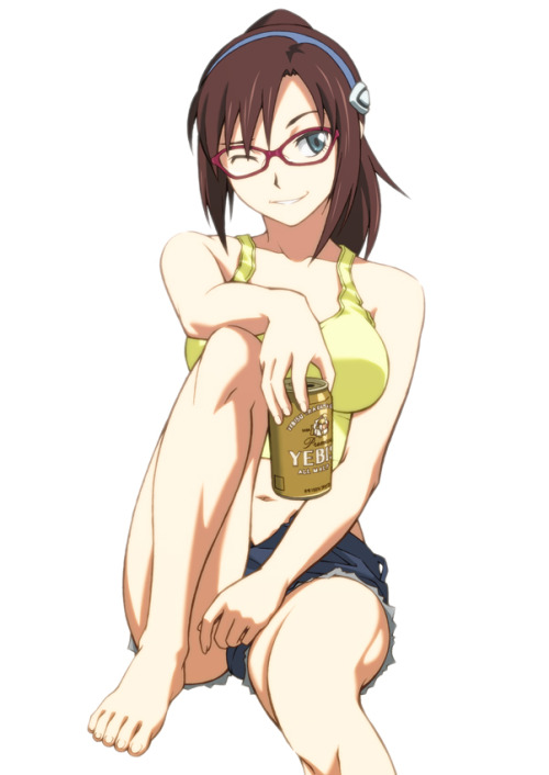 shy-azusa:  1girl alternate hairstyle barefoot beer breasts brown hair can cosplay evangelion: 2.0 y