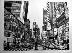 eatsleepdraw:  Times Square in New York. Drawn completely in pen. Follow me if you would like to see more art work or check out Facebook.com/ArtisticlyAnneProductions =)