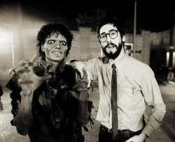 celluloidshadows:  Michael Jackson in makeup with director John Landis on the set of “Thriller” 