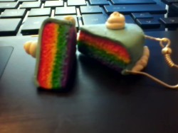 okay so I know this is the shittiest picture ever and I&rsquo;m really sorry I left my good camera at my house house. D:  BUT THESE ARE MY PROTOTYPE RAINBOW DASH CAKE EARRINGS~  I think the later versions of them will have piping on the top crest of the