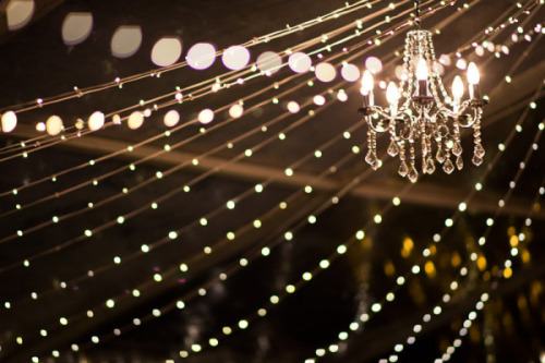 String Lights and Chandelier Wedding Decor