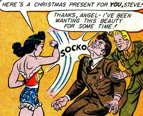 superdames: Here’s a Christmas present from Wonder Woman! SOCKO! —Sensation Comics #38 (