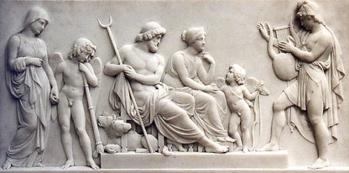 worldofmythology: Orpheus, playing for Hades and Persephone, left - Eurydice and Eros. Bas-reli