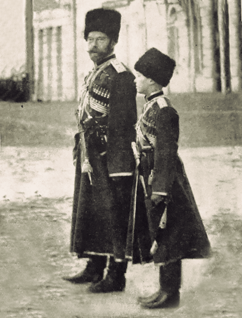 1bohemian:Tsar Nicholas II of Russia and his son, Tsarevich Alexei, in Cossack military uniforms. Ph