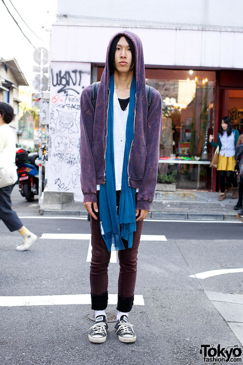 Purple Kinsella hookie w/ skinny jeans and Converse sneakes in Harajuku.