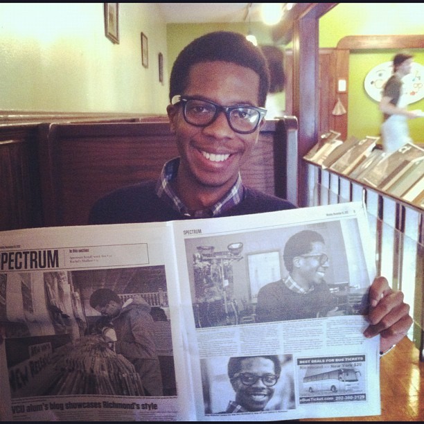 Sitting at Harrison St Coffee shop, with @brianmcdinosaur reading an article about @brianmcdinosaur #RVA #Famous