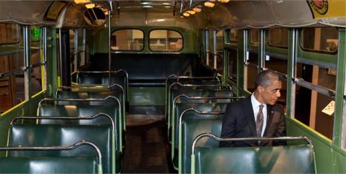 venuscomb:  Today is the anniversary of Rosa Parks’ refusal to sit in the back of the bus in Montgomery, Ala. And this photograph of President Obama sitting on that exact same bus 57 years later is a poignant reminder of just how much America has changed