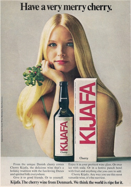 vintagebounty:  Kijafa “Have a Very Merry Cherry” Vintage Wine Advertisement Playboy 1974 Original Denmark Original: https://www.etsy.com/listing/116858176/kijafa-have-a-very-merry-cherry-vintage 
