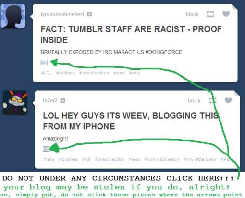 vanilluxx:  xxdebbixx:  OKAY LOOKS LIKE THERE ARE HACKERS ON TUMBLR.SO IF YOU SEE THE POSTS LIKE THOSE WHERE THEY HAVE LITTLE LINKS AND THERES LIKE FIFTY MILLION OF THEM, OR EVEN ONE BUT THEY RESEMBLE THE TWO ABOVE, DO NOT CLICK THE LINK.ALSO IF IT TAKES