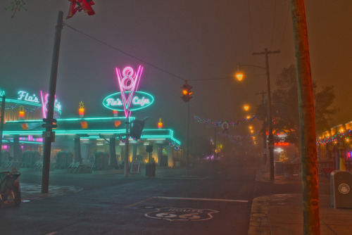 disney-fied:Carsland Route 66 in Fog, Disneyland Resort, California by Mastery of Maps on Flickr.