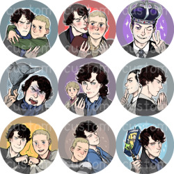 HERE IS THE FIVE HOURS WORTH OF BUTTONS I DREW LAST NIGHT NGHH these are all custom and will only be made into actual buttons for the winners who requested them the prompts from left to right: mymphr: Johnlock hugs? xinspiralx: flustered John and smug/fli