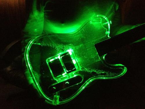 runfromrevelation:  This fascinating creation came to my attention a few days ago, while reading the december issue of guitarist. This is a Meyer Guitars Telecaster built for John5. The body is clear plastic, most likely some form of chambered acrylic