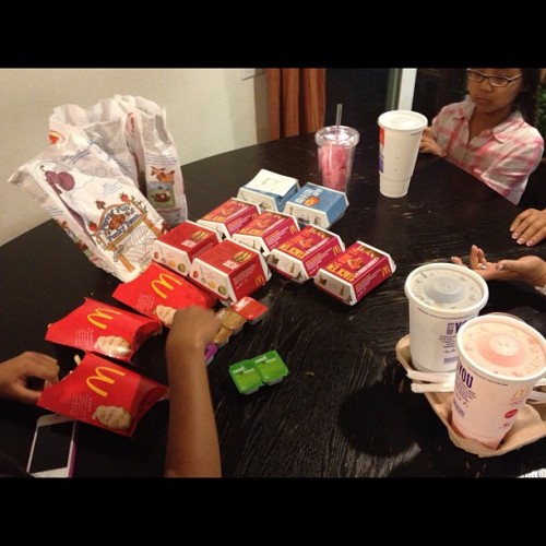 mjepino:  80 nuggets, 3 large fries, 2 Big Macs, 2 filet o fish, 3 kids meals, and 3 large drinks. #food #omg #somuchfood
