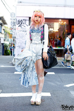 tokyo-fashion:  Yuka from Burlesque Harajuku w/ pink-blue dip dye hair, silver Bubbles shorts &amp; Jeffrey Campbell platforms. She’s on Twitter here.