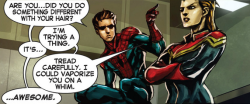 wethinktherefore:  feralnova:  Hahaha poor Spidey xD Spider-man and Captain Marvel in Captain Marvel #1  I ship them 