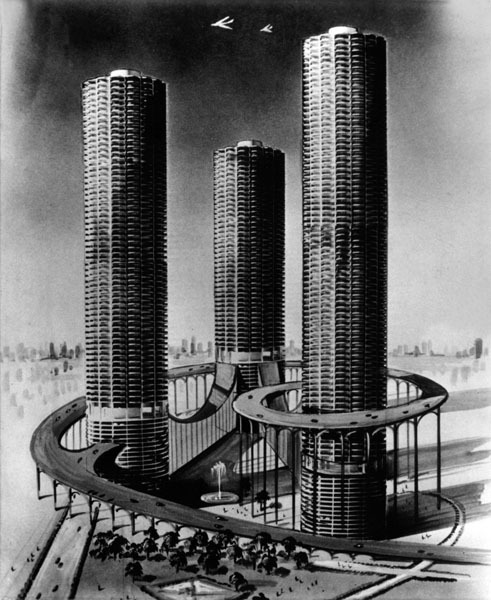 calumet412:  A sketch of Marina City by George Charney for the Daily News, 1960, Chicago. The Bertrand Goldberg designed towers were never meant to be 3, but Charney misinterpreted the original plans when he made his sketch. This was the erroneous renditi