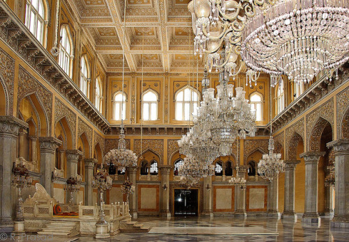 Hanging chandeliers inside Chowmahalla Palace in Hyderabad, India (by Roy Prasad).