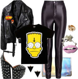 solestruckshoes:  NYE MOTHA FUCKA by solestruck featuring spike earrings  Fitted t shirt / Leather coat / High waisted disco pants, ุ / Jeffrey Campbell silver shoes / Bardot metallic handbag, ิ / Engraved jewelry, ๊ / Spike earrings / Lip jewelry,