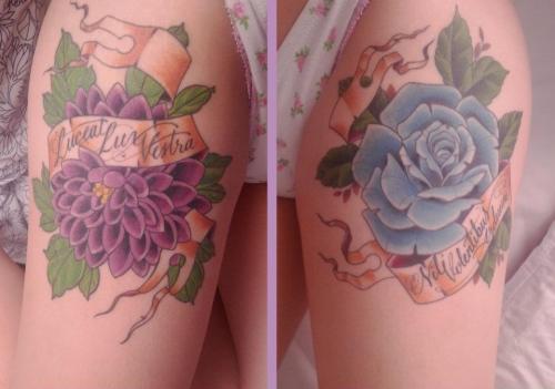 fuckyeahtattoos:  By Gordon Combs at Seventh Son Tattoo SF. A blue rose is impossible in nature but is something botanists/horticulturalists strive for. The latin, “nothing is arduous for the willing”. The latin for the purple cushion chrysanthemum,