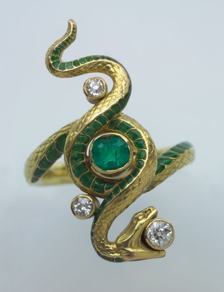 a-harlots-progress:Paul Briancon - Art Nouveau Snake Ring Gold Enamel Emerald Diamond, French c 1900