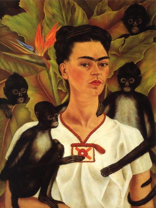 museumuesum: Frida Kahlo Self Portrait with Monkeys, Bird of Paradise Flower, 1943 oil on canvas, 81 1/2 x 63 cm