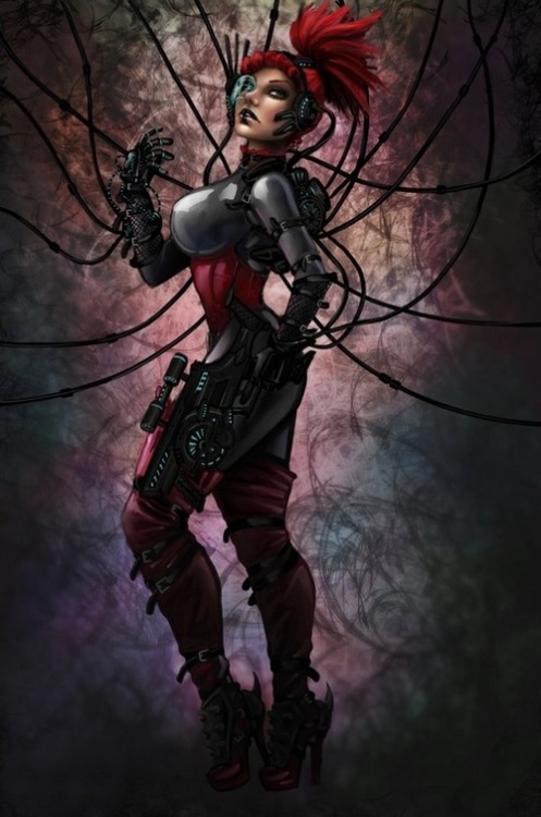 Futuristic Look / cyberpunk girl by *iceluiz, future, cyber girl, red hair, weapon, girl warrior, ar