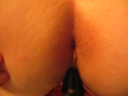 degradationofasubmissiveslut:  A close up of my asshole as my pussy gets fucked with a dildo.