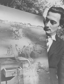abstraire:  Salvador Dalí with “Espana” painting in the village La Pausa from Coco Chanel (Roquebrune, France - 1938) 
