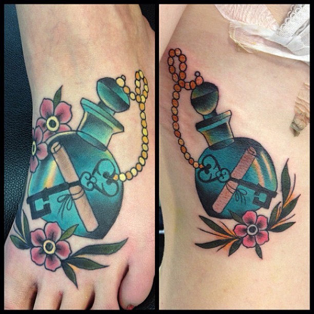 blackgardentattoo:  Almost matching pieces on two friends, by @alejotattooist 
