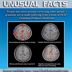 unufacts:   unufacts-blog:  People who went around correcting other people’s grammar are actually suffering from a form of OCD - Grammar Pedantry Syndrome .  (Source)   