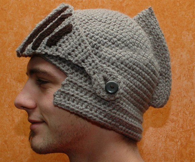 nor36ret5:  laughingsquid:  Hand Crocheted Knight Helmet Hat With Button-On Movable