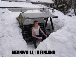 thefinnishgypsy:  iknowmylifesucks:  +15 °C, Spanish wear caps, gloves and winter coats, Finns are sunbathing. +10 °C, French desperately try to get their central heating on. Finns plant flowers. +5 °C, Italian cars won’t start. Finns drive with