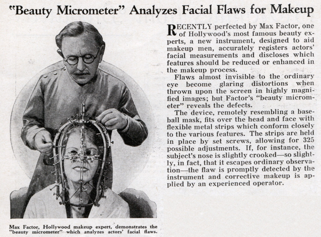Max Factor demonstrates his scientific device the Beauty Micrometer which detects