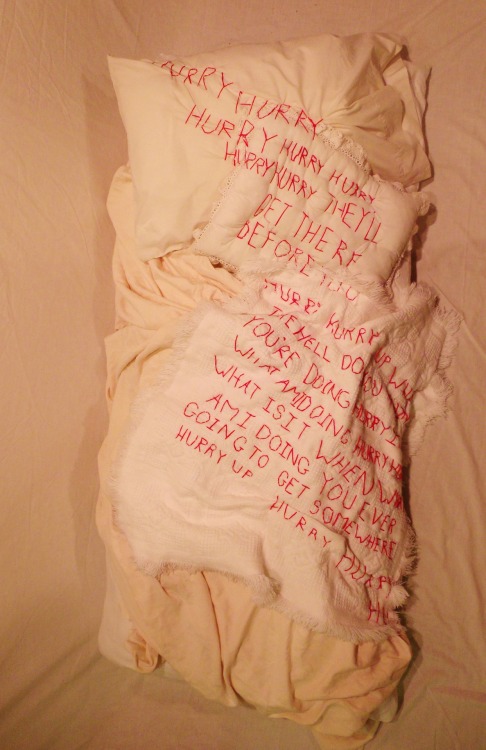 pumpkinlover:   Panic Rhythm, 2012, bedding and embroidery thread, approx. 72” x 30” x 15” 
