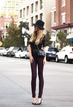 pretaportre:  Jennifer Grace in a lace peplum top from ASOS, Nasty Gal hat, Chanel bag, circle hand piece from Blee Inara, Rich &amp; Skinny coated denim and Christian Louboutin heels.  