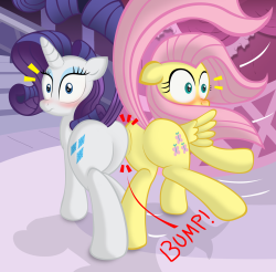 ziemniax:  Rarity and Fluttershy accidentaly bumped their butts :3 Some mean pony pushed Fluttershy towards Rarity… and this awkward situation happened :P sfw again… Deal with it :]  X3 *giggles*