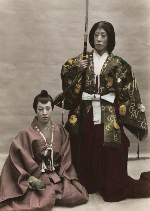 Hand-colored photo of Kabuki actors Danjuro and Fukusuke.  Circa 1890, Japan.  Photog