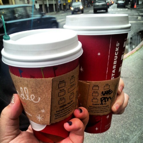 Tall seasonal Carmel latte, venti peppermint mocha