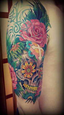 Fuckyeahtattoos:  Sugar Skull Finished In 2 Sittings. A Lot Of Colors! Done By Bushi