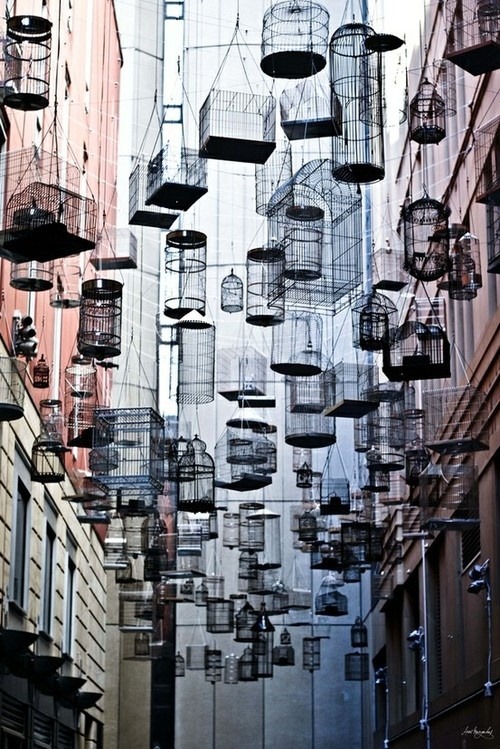 marialenasthoughtsoftheday:Angel Place in Sydney, Australia: a canopy of 110 birdcages hangs above t