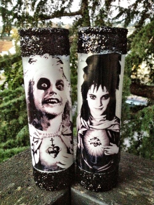 gothiccharmschool:  Beetlejuice and Lydia devotional candles. Yes, I want them.  