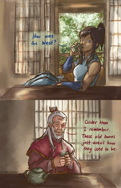 siquia:       I’m just gonna leave this here while I feels in a corner. edit: Just to clarify, Zuko is alive and it’s been released that he’s a retired Firelord travelling the world as an ambassador, and the Iroh Korra is referring to is General