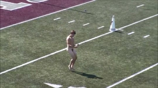 realathletes:  Graphic streaking video of college student at Montana Grizzlies football game last year against Cal Poly; also includes him being arrested and escorted out of stadium (still nude!) great vid.  Name: Daniel Thew. Year: Freshman.  His frat