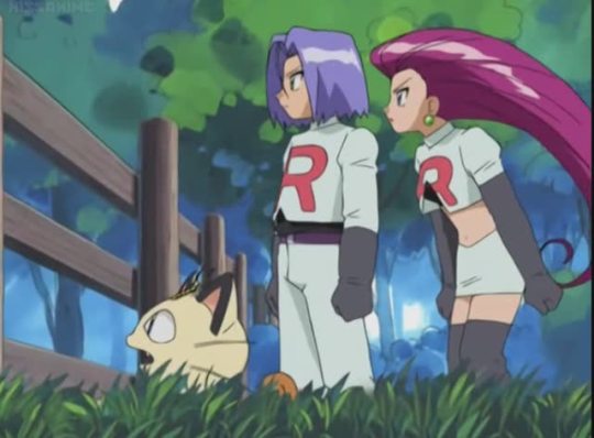 musashi:  musashi:  Meowth: Hey, what’s this? Jessie: It’s a fence, genius. Meowth: I mean what’s it doin’ here? Jessie: What do you think its doing here?! [quietly turns to James] What’s it doing here? James: I’d say someone doesn’t want