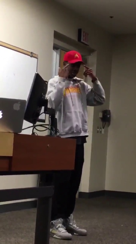 bellygangstaboo:   the dopest thing about this video is that professor just let him cook. Probably was in there taking notes n shit.   