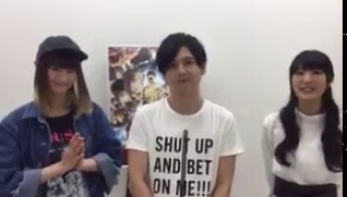 Shingeki no Kyojin seiyuu Kaji Yuuki (Eren; He’s wearing an Eren quote shirt from the SnK WALL Exhibitions), Ishikawa Yui (Mikasa), and Kobayashi Yuu (Sasha) appeared at the Seven Bank booth at Nico Nico Super Meeting today to promote the series’