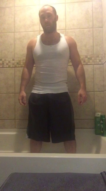 kinkycaleb7:As requested, pissing in a pair of shiny b-ball shorts. Black may have been the wrong color…