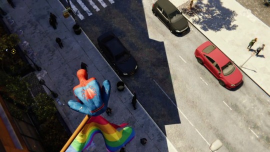 beardedbassist64:  antiknife: bitterburg:  ribbitbunny:  just playing the new spider-man game when something caught my eye…!!!   no cops at pride just spiderman  They take it one step further! Stonewall Inn is in the game! Taking a picture of the building