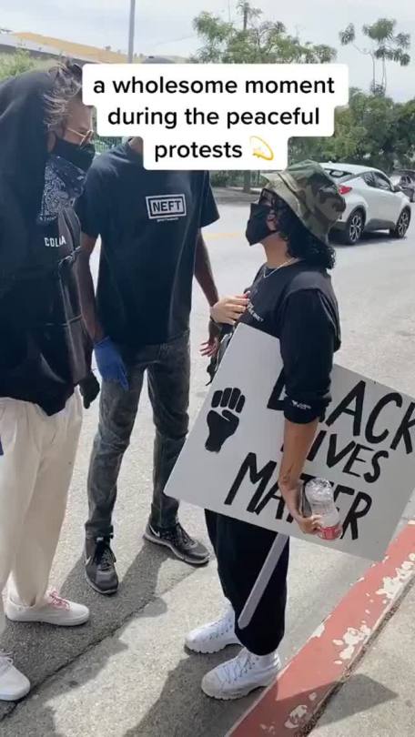 Harry talking to a protestor during the BLM protest in LA - June 2 (via amymarietta)